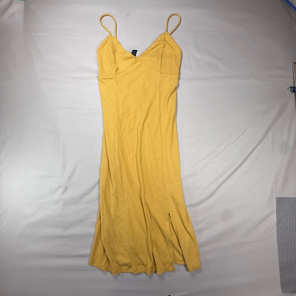 Forever 21 Womens Mustard Yellow Ribbed V-Neck Midi Dress Side Slit Size L